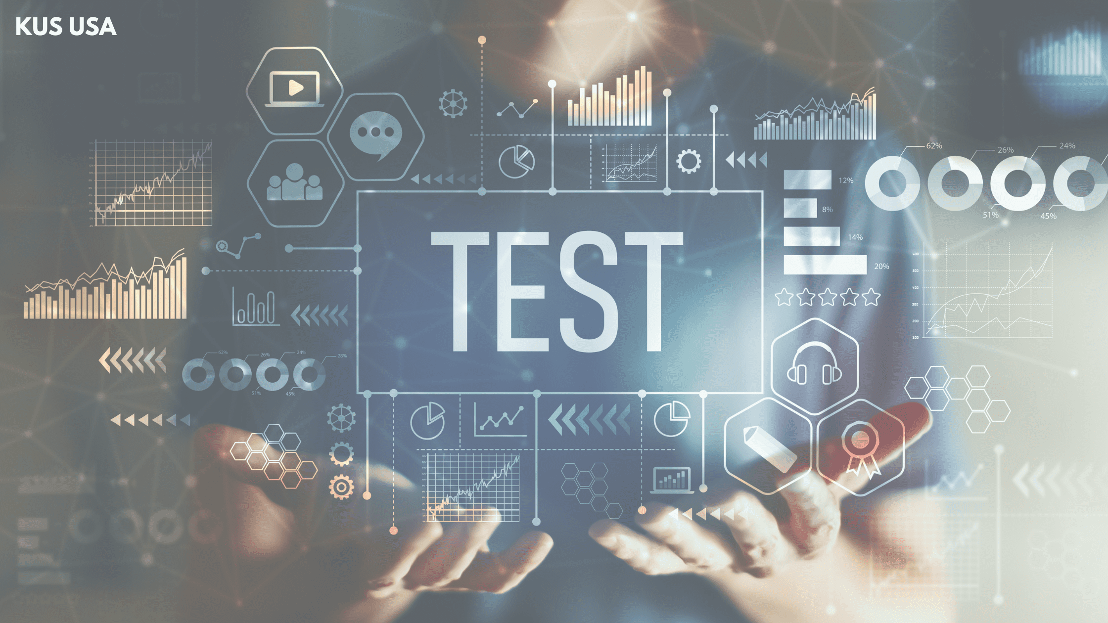 hand holding up images of graphs and the word test